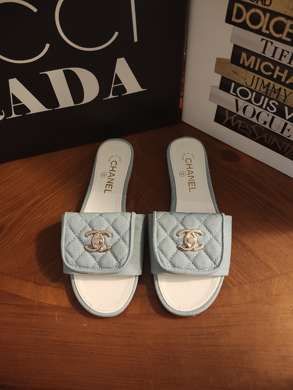 Pale Blue Quilted CC Slide Mules with Gold Hardware